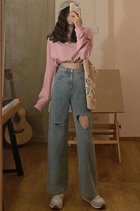 High Waist Heart Shaped Hole Denim Pants