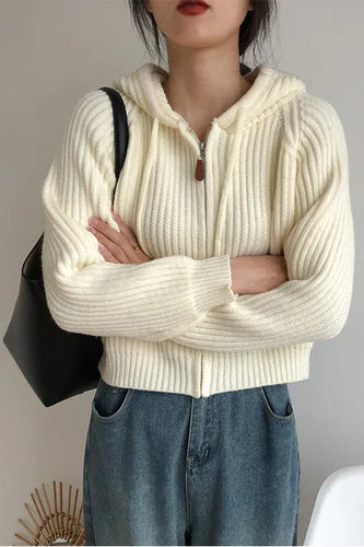 Long Sleeve Zip Up Hooded Knitted Sweater