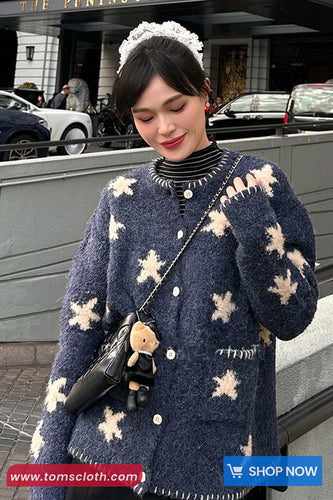 Long Sleeve Stars Pattern Knitted Cardigan Sweater