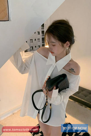 Long Sleeve Off Shoulder Turn Down Collar Blouse Shirt