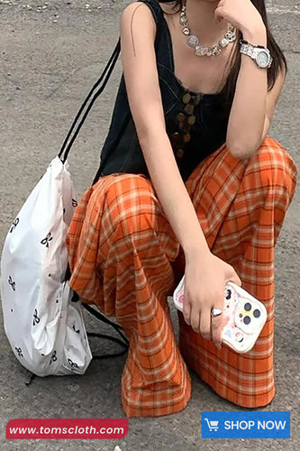 Loose Vintage Orange Plaid Pattern Long Pants