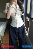 Half Sleeve Back Bandage Tie Striped Blouse Shirt