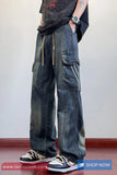 Elastic Waist Flap Pockets Men Denim Pants