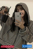 Long Sleeve Striped Hooded Zipper Cardigan