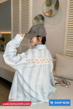 Long Sleeve Striped Lace Hollow Out Patchwork Blouse Shirt
