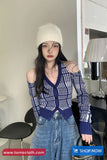 Long Sleeve Sexy Off Shoulder Blue Plaid Knitted Shirt