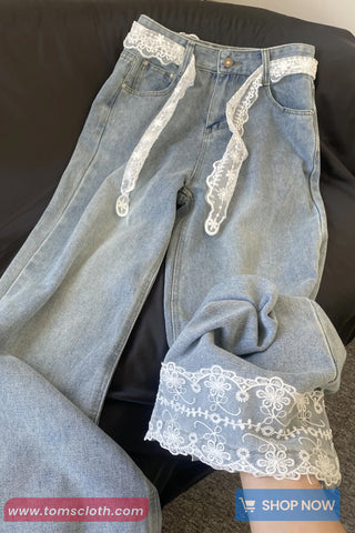 High Waist Retro Lace Patchwork Jeans Pants