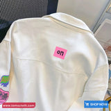 Long Sleeve Retro Graffiti Pattern White Denim Jacket