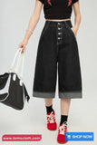 High Waist Calf Length Retro Black Jeans Pants