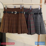 High Waist Retro Belted Plaid Pleated Mini Skirts