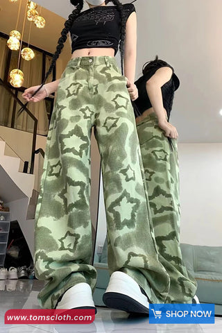 High Waist Stars Pattern Green Jeans Pants
