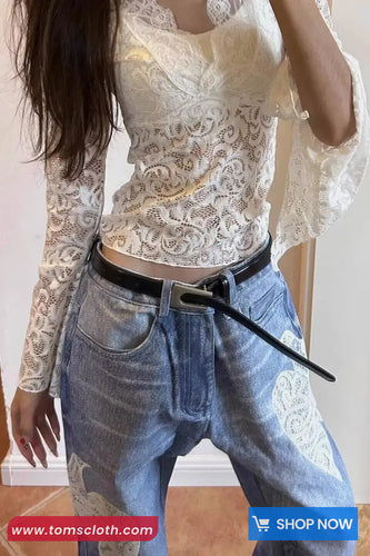 High Waist Lace Bird Embroidered Retro Jeans Pants