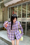 Long Sleeve Retro Purple Colors Plaid Blouse Shirt