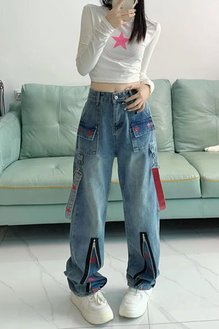 High Waist Zipper Stars Pattern Jeans Pants