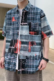 Short Sleeve Retro Ripped Plaid Men Blouse Denim Shirt