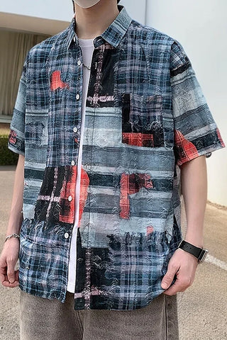 Short Sleeve Retro Ripped Plaid Men Blouse Denim Shirt
