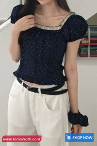 Square Collar Lace Knot Dots Pattern Shirts