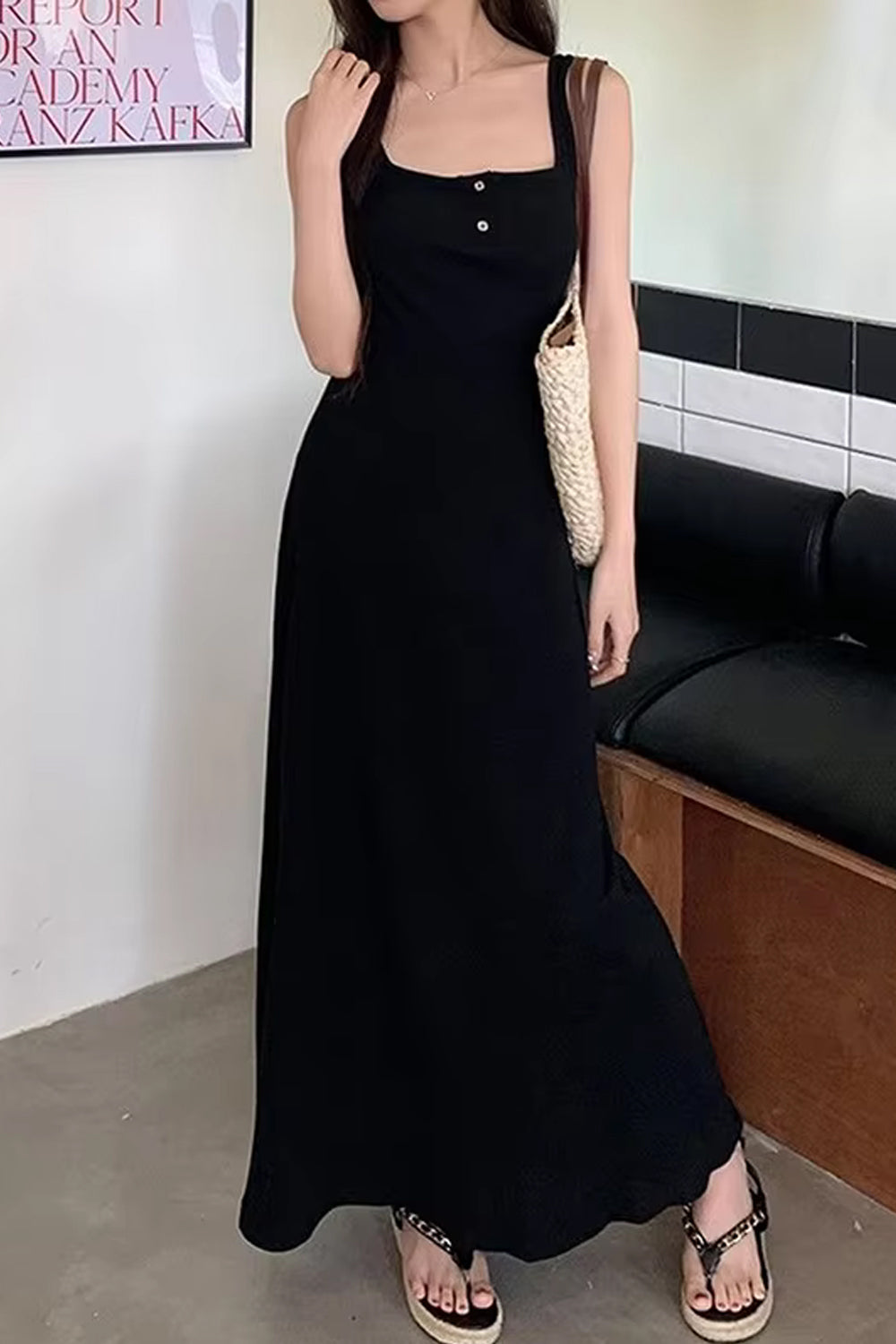 Sleeveless Square Collar Button Long Dress