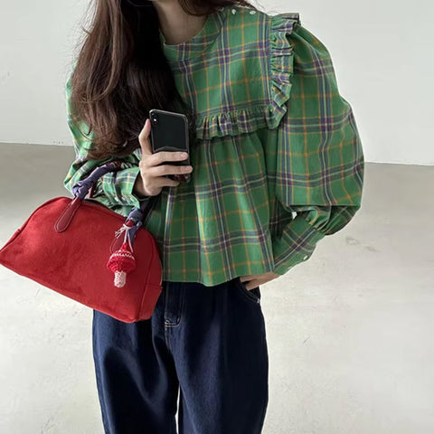 Loose Puff Sleeve Green Plaid Ruffled Blouse Shirt