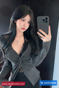Long Sleeve Sexy V-Neck Off Shoulder Lace Patchwork Crop Tops