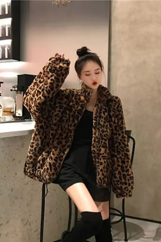 Loose Leopard Pattern Stand Collar Jacket