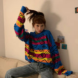 Long Sleeve Retro Striped Graffiti Pattern O-Neck Sweater