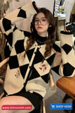 Long Sleeve Flower Embroidered Argyle Cardigan Sweater