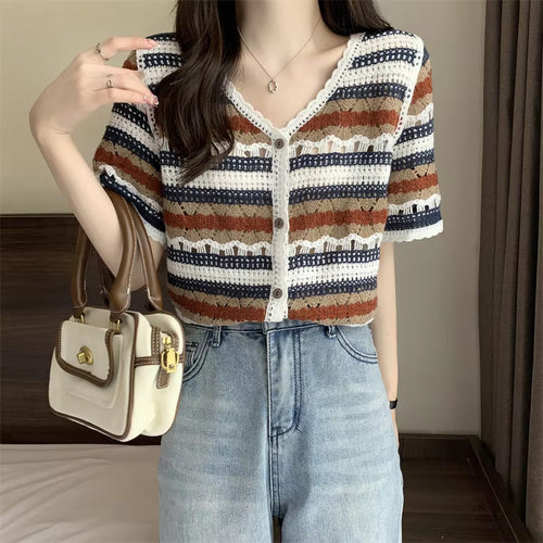 V-Neck Button Up Striped Embroidery Crochet Shirt