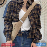 Long Sleeve Retro Plaid Color Cropped Blouse Shirts