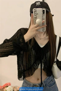 Long Sleeve Lace Up Semi Transparent Cardigan
