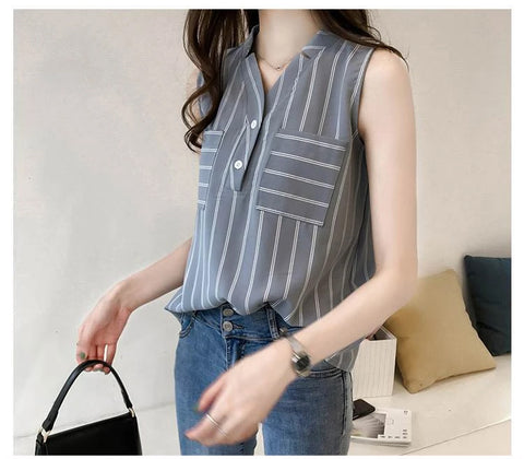 V-Neck Sleeveless Striped Office Shirt