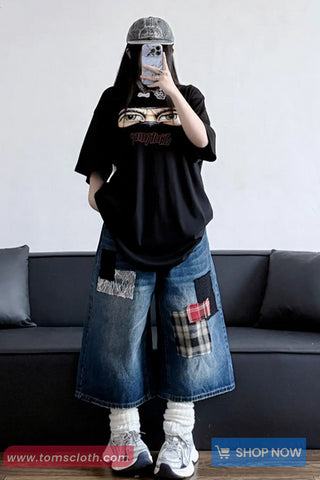 Loose Casual Plaid Patchwork Denim Jeans Pants