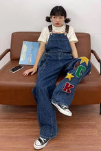 Rock Letter Embroidered Wide Leg Denim Jumpsuits