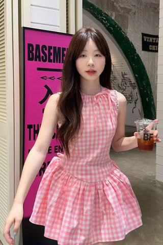 pink plaid mini dress, halter ruffle dress women, sexy plaid dress, y2k mini dress, cute summer dress women, aesthetic party dress, korean style mini dress, trendy halter dress women
