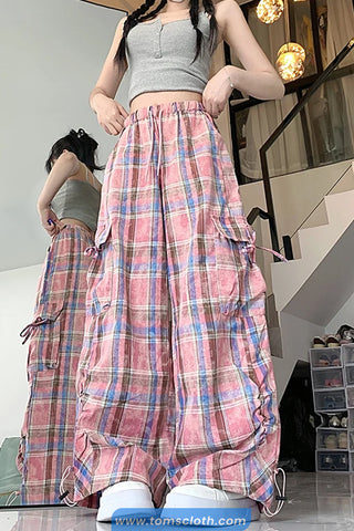 Casual Pink Plaid Pattern Cargo Jogger Pants