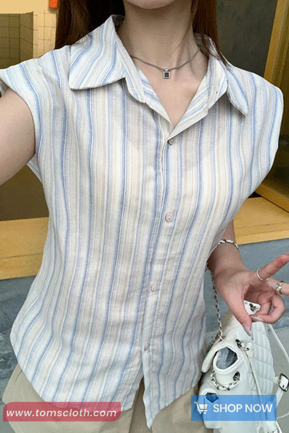 Turn Down Collar Retro Sleeveless Striped Blouse Shirt