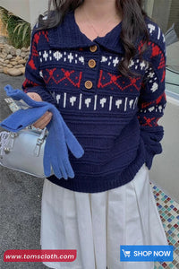 Long Sleeve Vintage Turn Down Collar Knitted Sweater