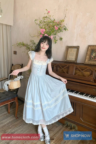 Long Retro Elegant Sweet Lace Patchwork Blue Dress