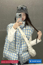Loose Stand Collar Sleeveless Blue Plaid Vest Parkas Jacket