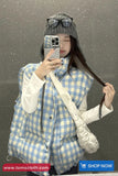 Loose Stand Collar Sleeveless Blue Plaid Vest Parkas Jacket