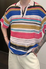 Turn Down Collar Striped Hollow Out Knitted Shirt