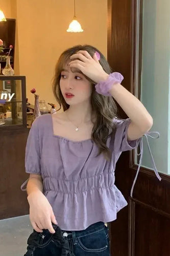 Puff Sleeve Square Collar Cropped Shirt