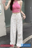 High Waist Flowers Pattern White Jeans Pants