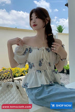 Puff Sleeve Square Collar Drawstring Floral Pattern Shirt