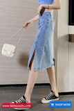 High Waist Cut Side Slit Denim Skirts