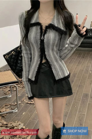 Long Sleeve Retro Lapel Collar Zipper Cardigan Sweater