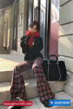 High Waist Vintage Plaid Pattern Flare Pants