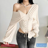 Long Sleeve Slash Neck Sexy Bandage Cropped Shirt