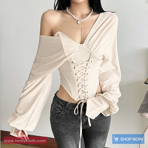 Long Sleeve Slash Neck Sexy Bandage Cropped Shirt