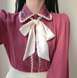 Long Sleeve Bow Tie Retro Flower Embroidered Blouse Shirt